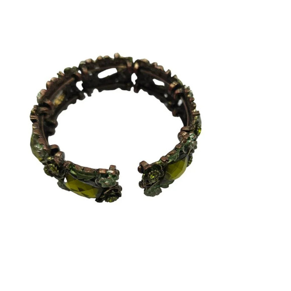 Green Prystal Enamel Flower Open Cuff Bangle Bracelet Vintage - Picture 4 of 6